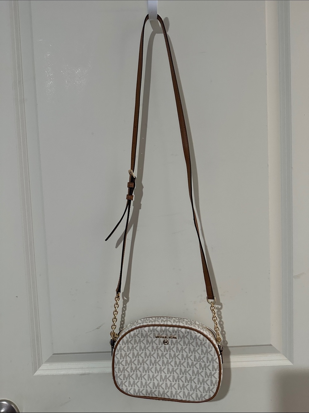 Michael Kors White/Beige MK Logo Crossbody with Brown Strap